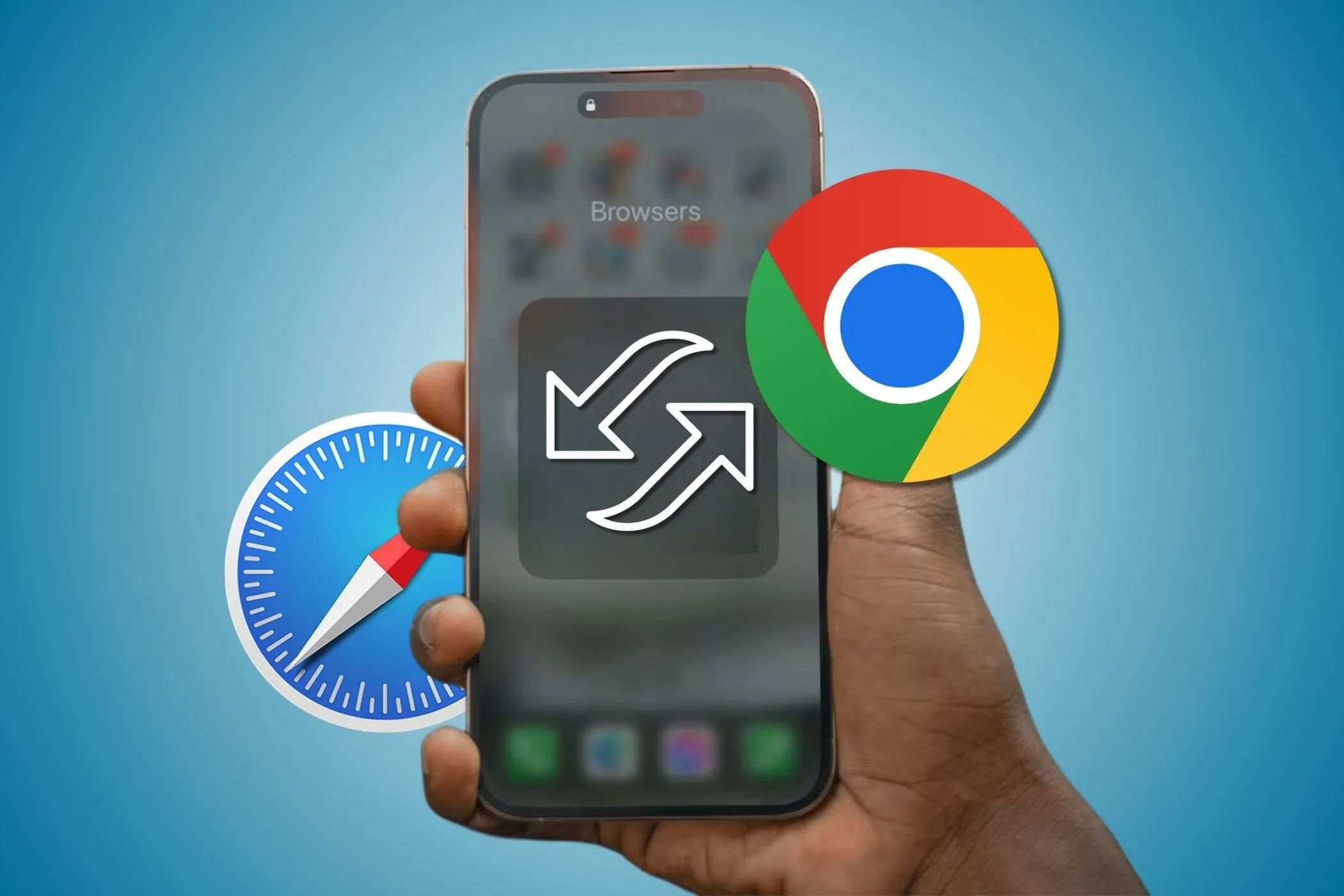 Hình ảnh điện thoại iPhone với các biểu tượng Chrome và Safari, minh họa việc chuyển đổi trình duyệt web