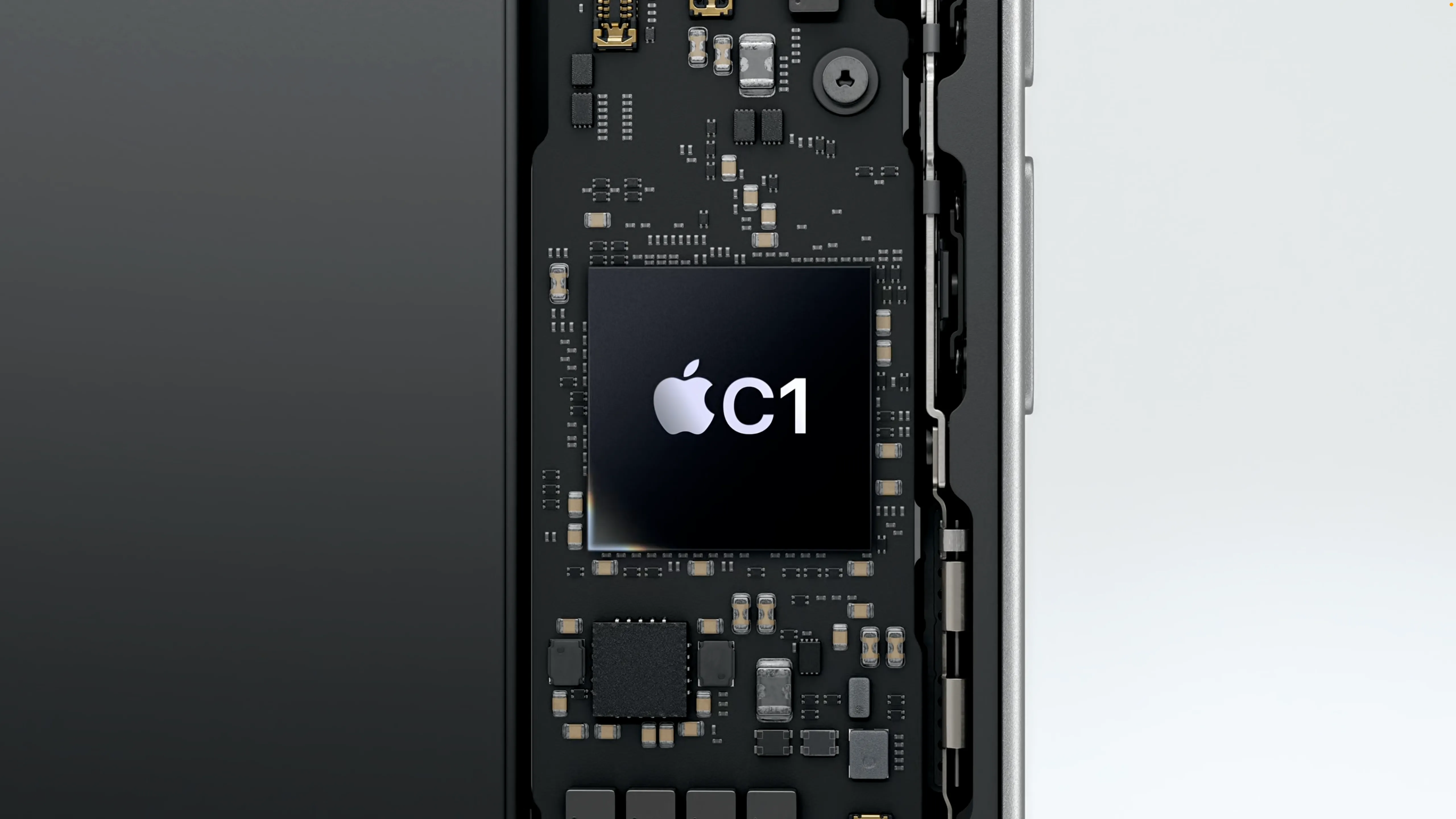 Hình ảnh đồ họa minh họa chip C1 của Apple, tượng trưng cho bộ xử lý modem nội bộ mới.