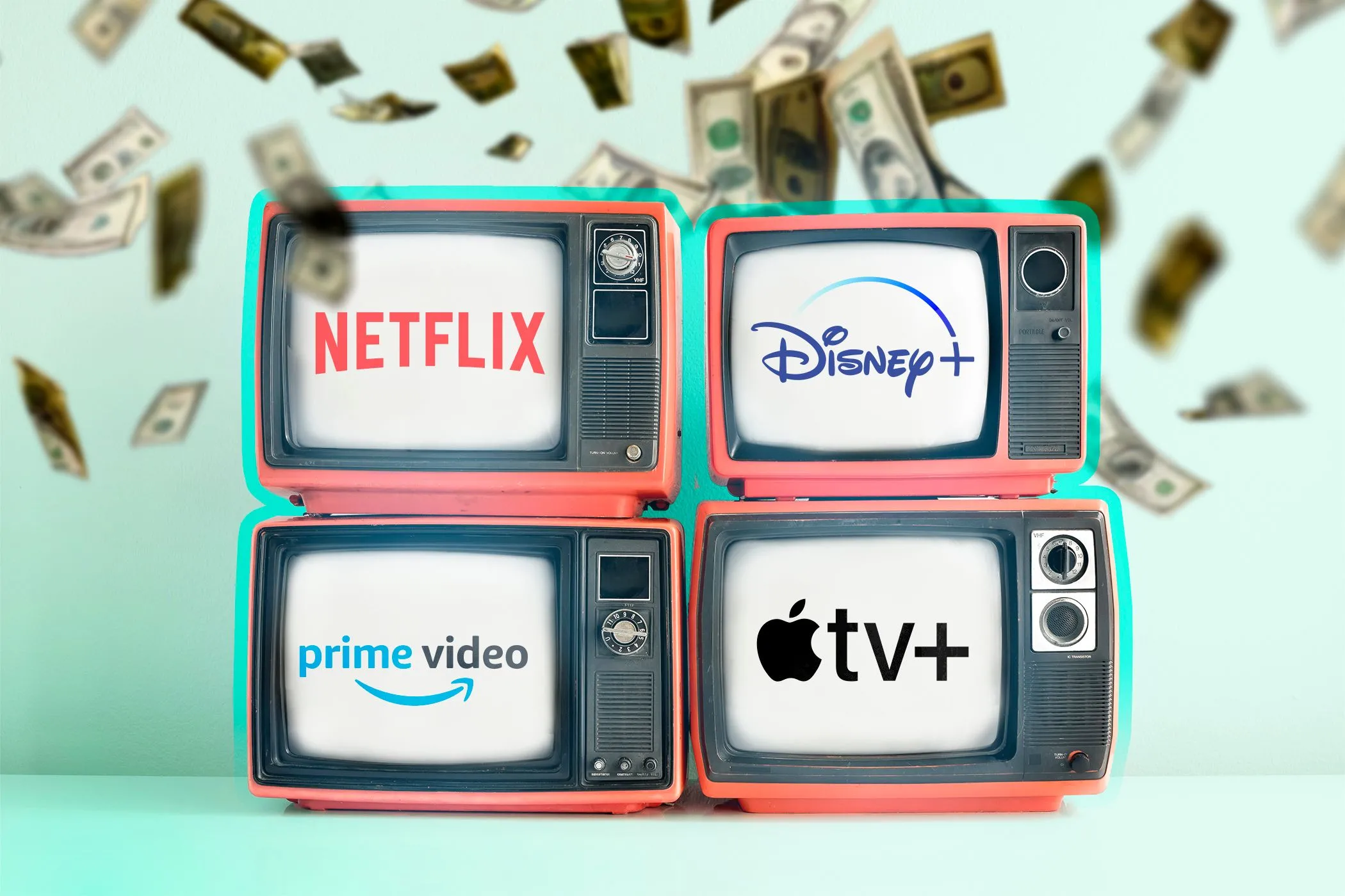 Hình ảnh minh họa bốn chiếc Smart TV với logo dịch vụ phát trực tuyến, tượng trưng cho cách dữ liệu người dùng được chuyển đổi thành doanh thu cho nhà sản xuất