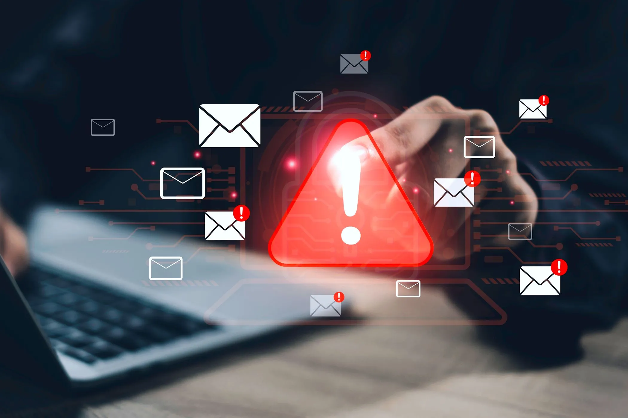 Hình ảnh mô tả một email lừa đảo (phishing) với các dấu hiệu cảnh báo và biểu tượng email, nhấn mạnh nguy cơ bảo mật qua thư điện tử