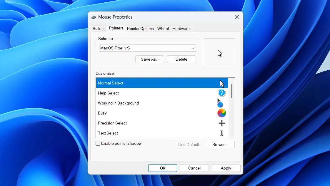Hộp thoại cài đặt con trỏ chuột trong Windows 11