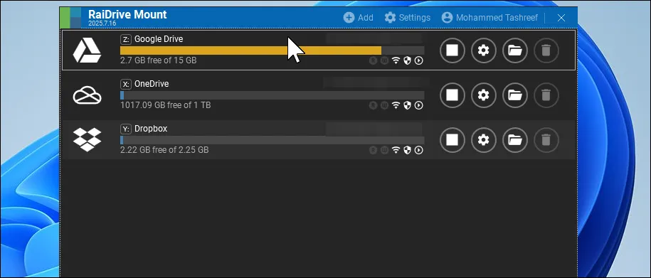 Hộp thoại RaiDrive Mount Connected drives trên máy tính Windows 11