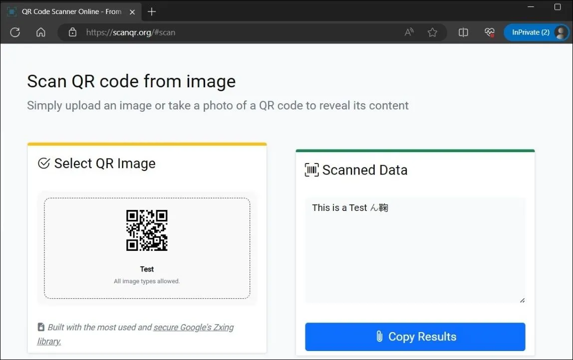 Kết quả quét mã QR từ hình ảnh trên website ScanQR.org hiển thị dữ liệu đã quét