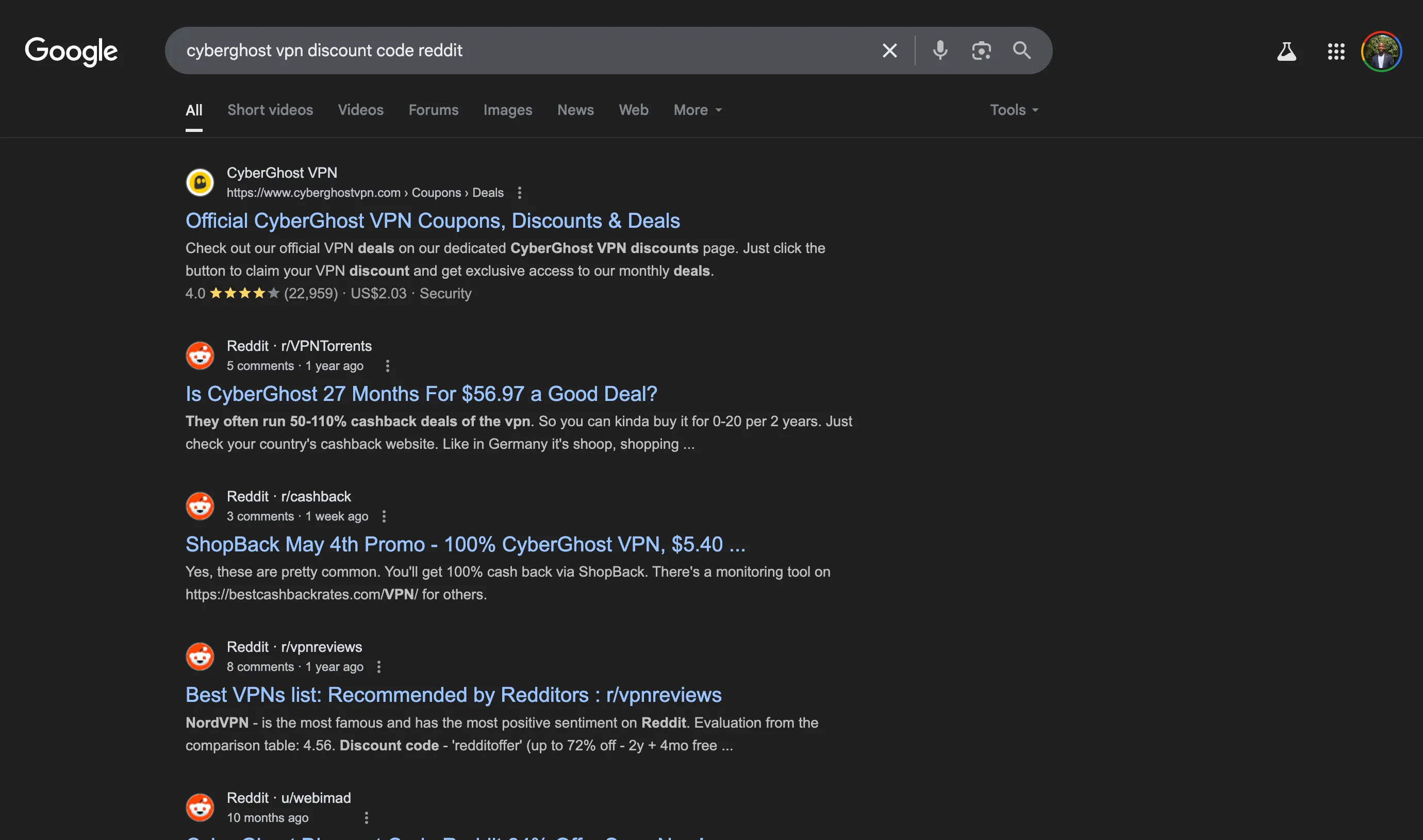 Kết quả tìm kiếm Google cho mã giảm giá CyberGhost VPN, hướng dẫn cách săn coupon VPN hiệu quả.