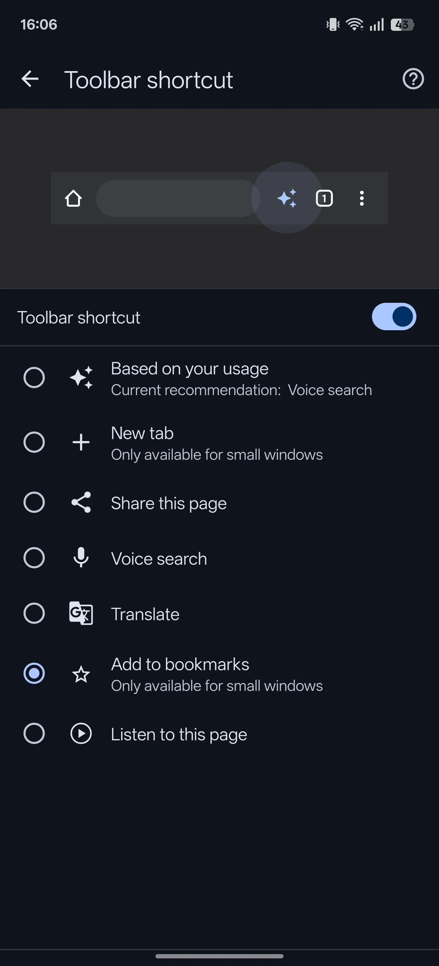 Kích hoạt tính năng lối tắt thanh công cụ trong Chrome Android và chọn hành động cụ thể như &quot;Thêm vào dấu trang&quot;.