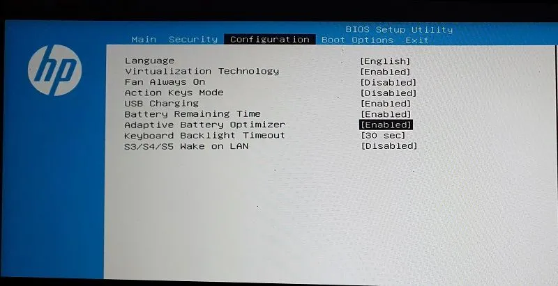 Kích hoạt tối ưu hóa pin thích ứng trong BIOS laptop HP