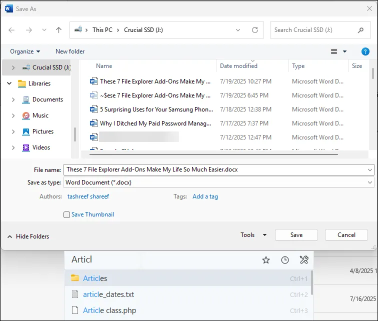 Listary Quick Search xuất hiện trên hộp thoại Save As của Microsoft Word