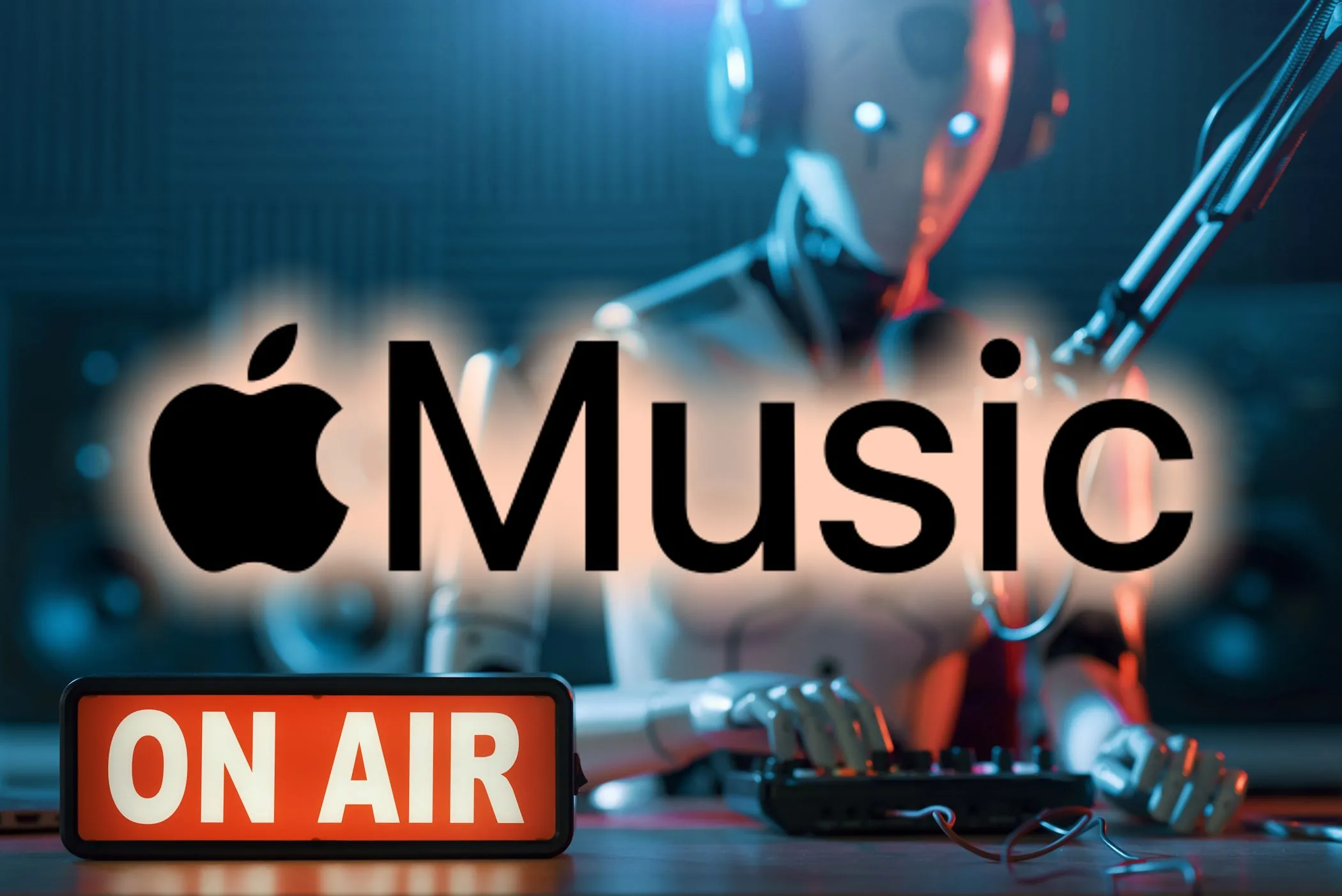 Logo Apple Music với hình ảnh robot DJ ở hậu cảnh biểu trưng cho tính năng AutoMix