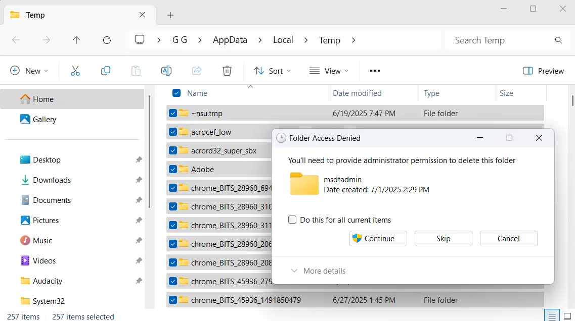 Lời nhắc xóa trong thư mục tạm thời trên Windows