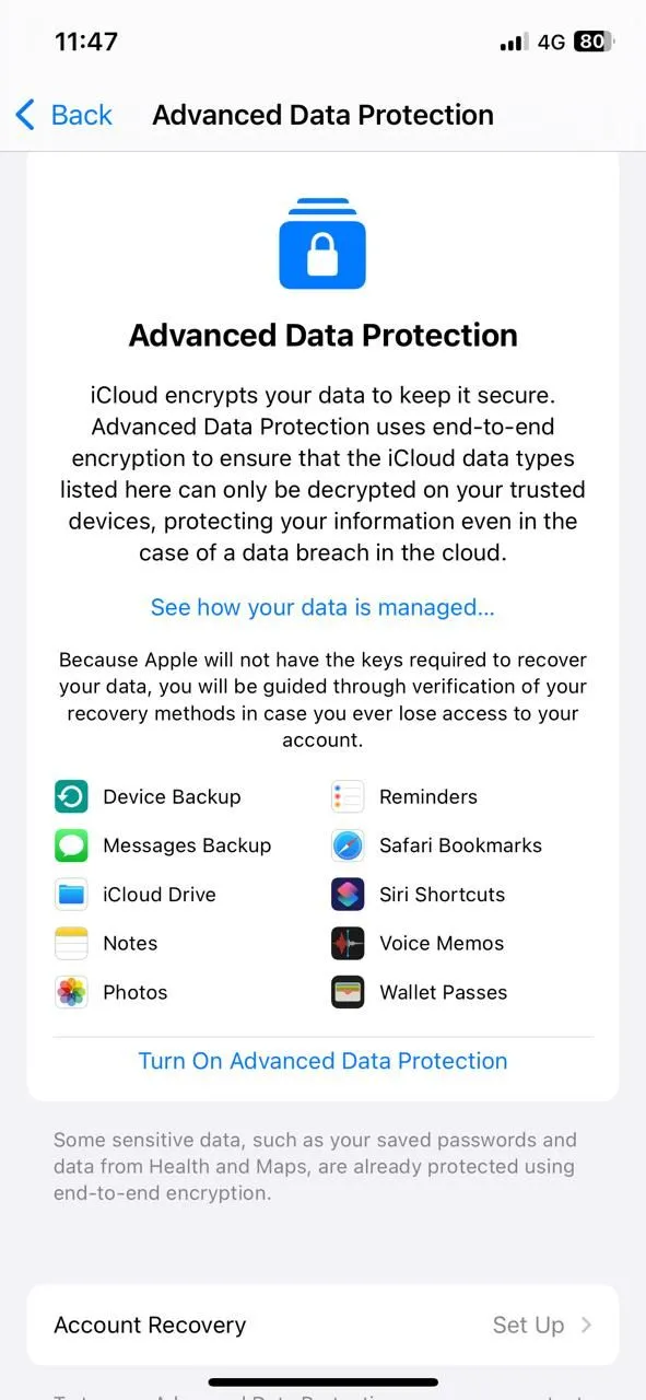 Màn hình Bảo vệ Dữ liệu Nâng cao của iCloud trên iPhone, nơi người dùng kích hoạt mã hóa đầu cuối