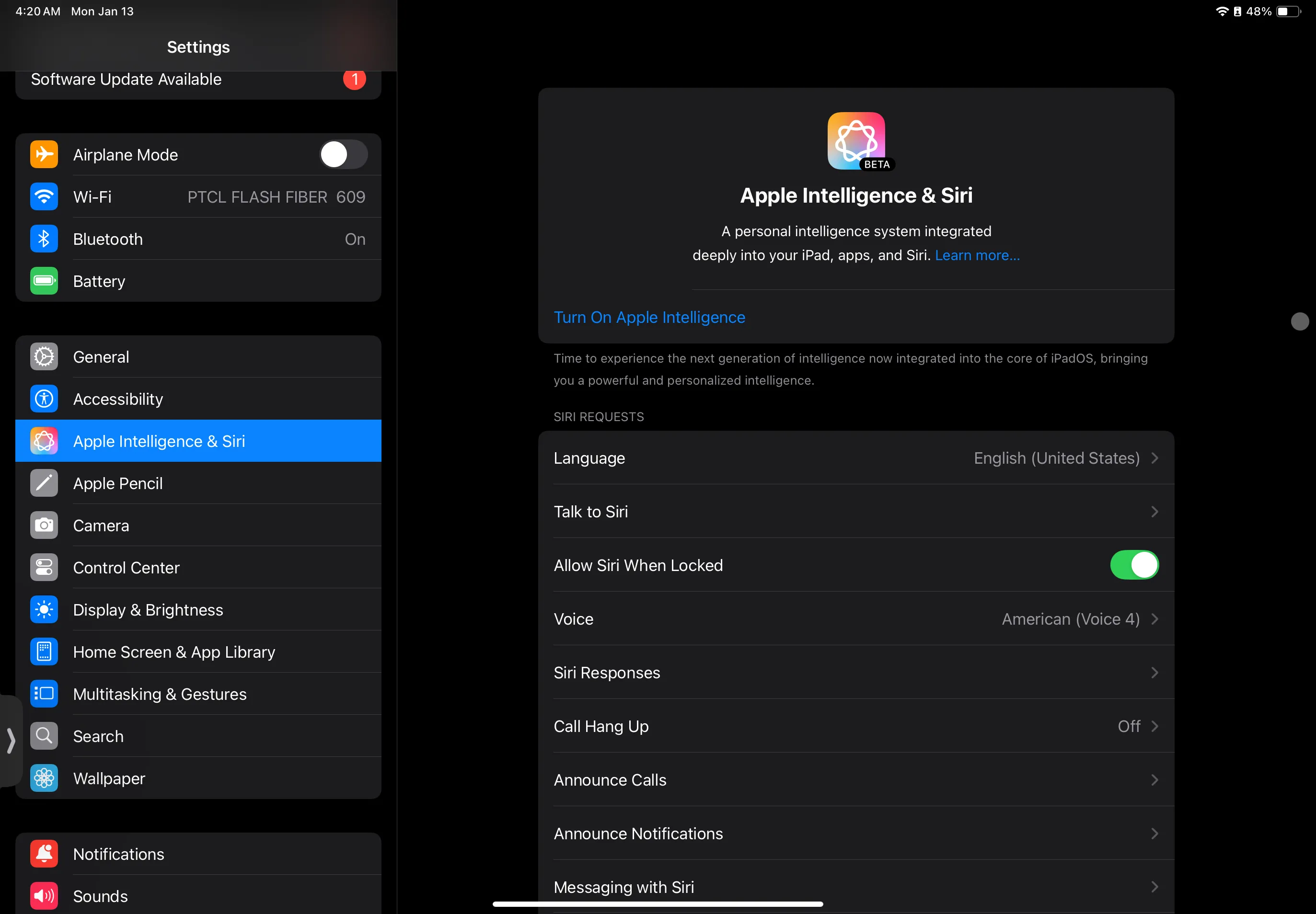 Màn hình cài đặt Apple Intelligence &amp; Siri trên iPad, cho phép người dùng bật tính năng Apple Intelligence.