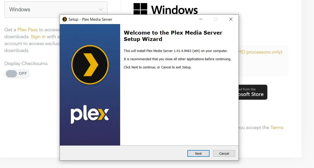 Màn hình cài đặt ban đầu của Plex Media Server trên hệ điều hành Windows, cho phép lựa chọn đường dẫn cài đặt.