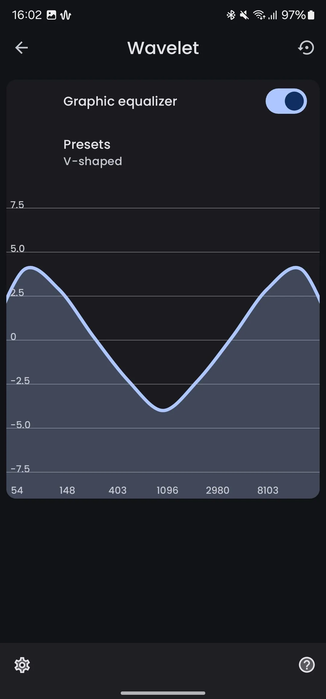 Màn hình cài đặt bộ chỉnh âm đồ họa (graphic equalizer) trong ứng dụng Wavelet, cho phép tùy chỉnh chi tiết tần số âm thanh trên thiết bị Android.