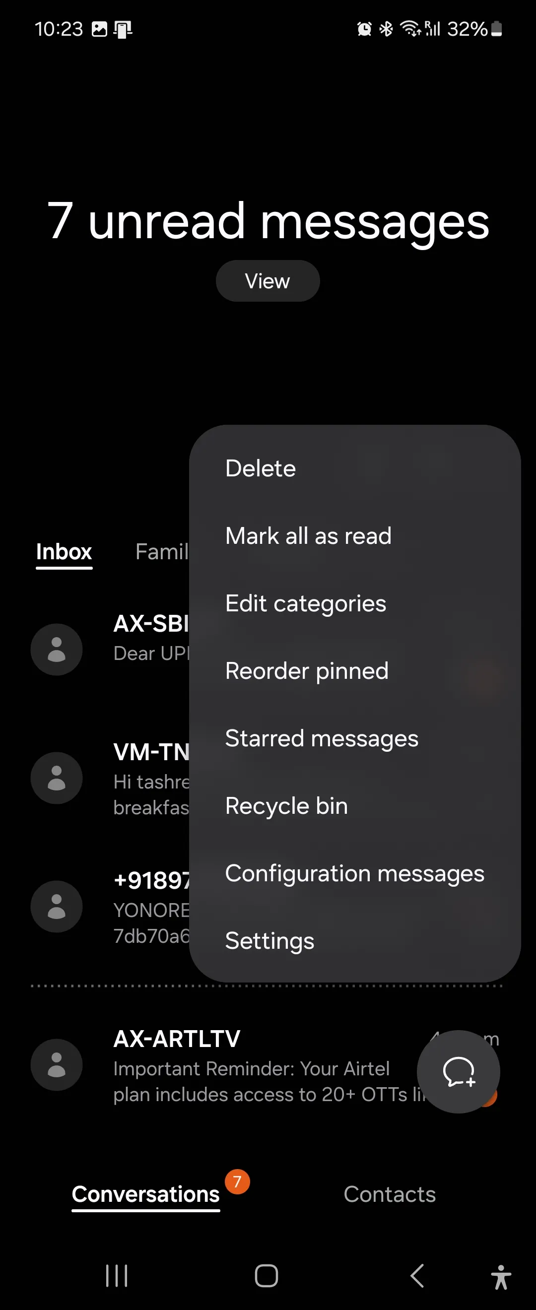 Màn hình cài đặt bổ sung của ứng dụng Tin nhắn Samsung, hiển thị các tùy chọn quản lý và cá nhân hóa hội thoại