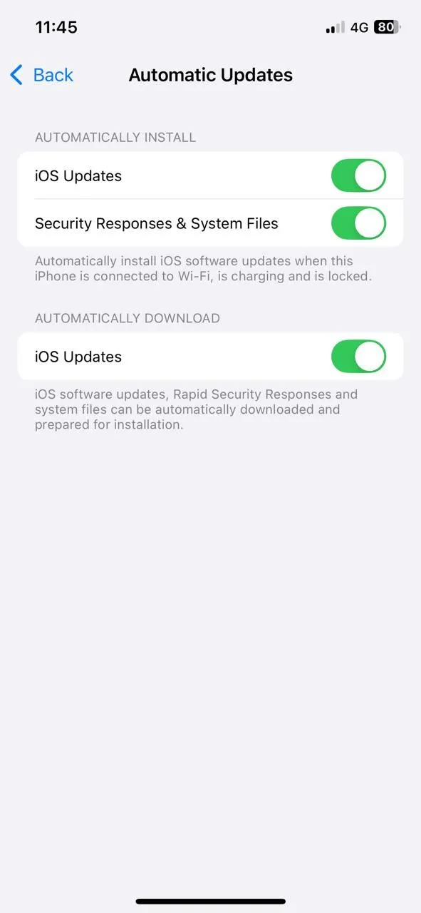 Màn hình cài đặt Cập nhật phần mềm tự động trên iPhone, cho phép bật/tắt các bản cập nhật