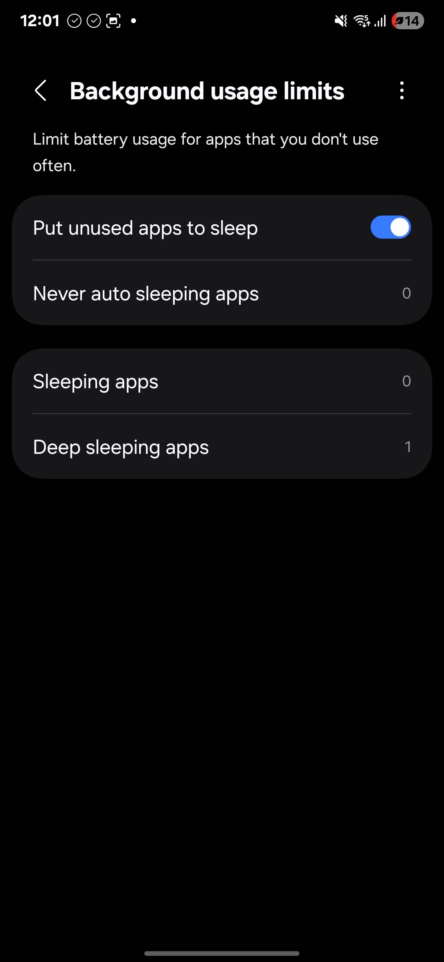 Màn hình cài đặt &quot;Giới hạn sử dụng pin nền&quot; trên Android, hiển thị tùy chọn bật &quot;Đưa ứng dụng không sử dụng vào chế độ ngủ&quot;