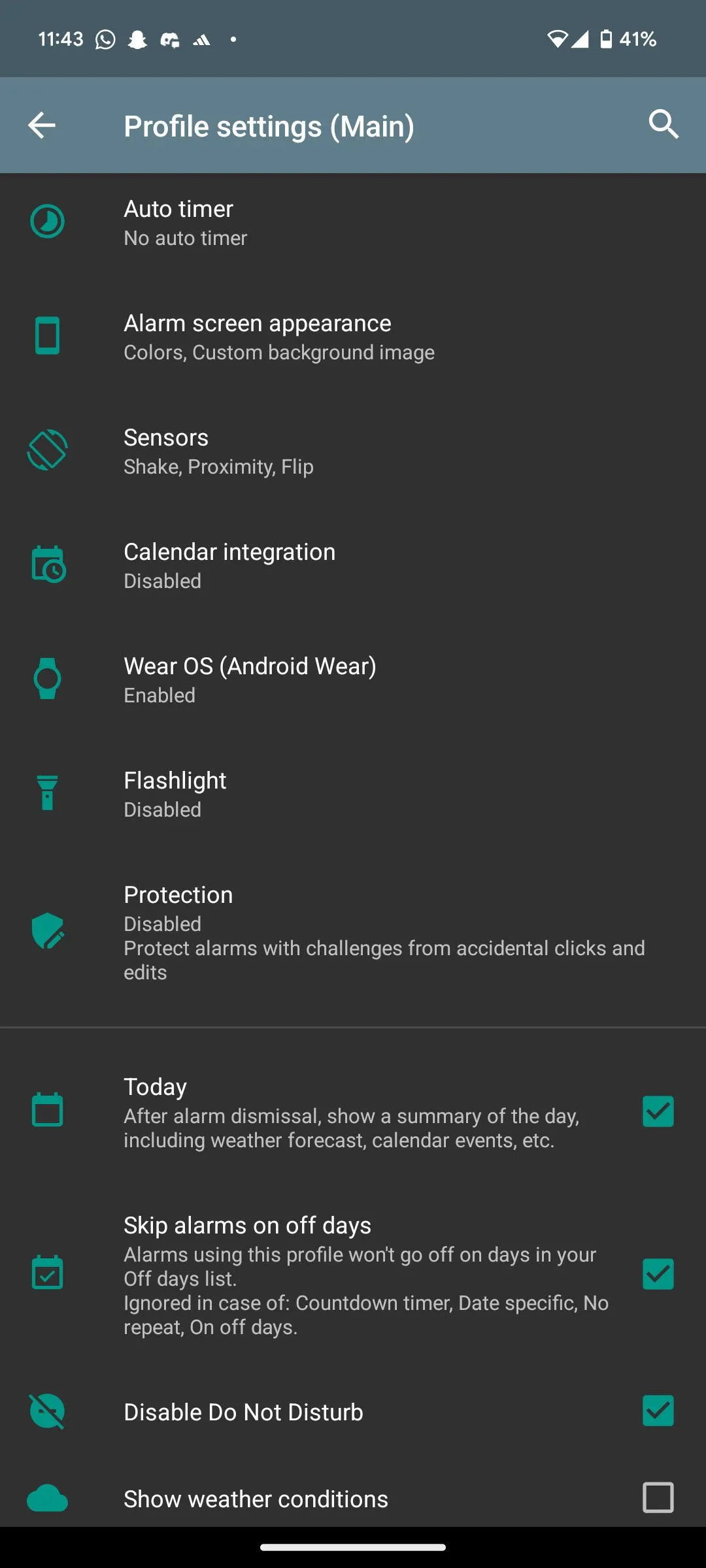 Màn hình cài đặt hồ sơ báo thức trong AMdroid, cho phép tùy chỉnh sâu các chế độ đánh thức và hẹn giờ tự động
