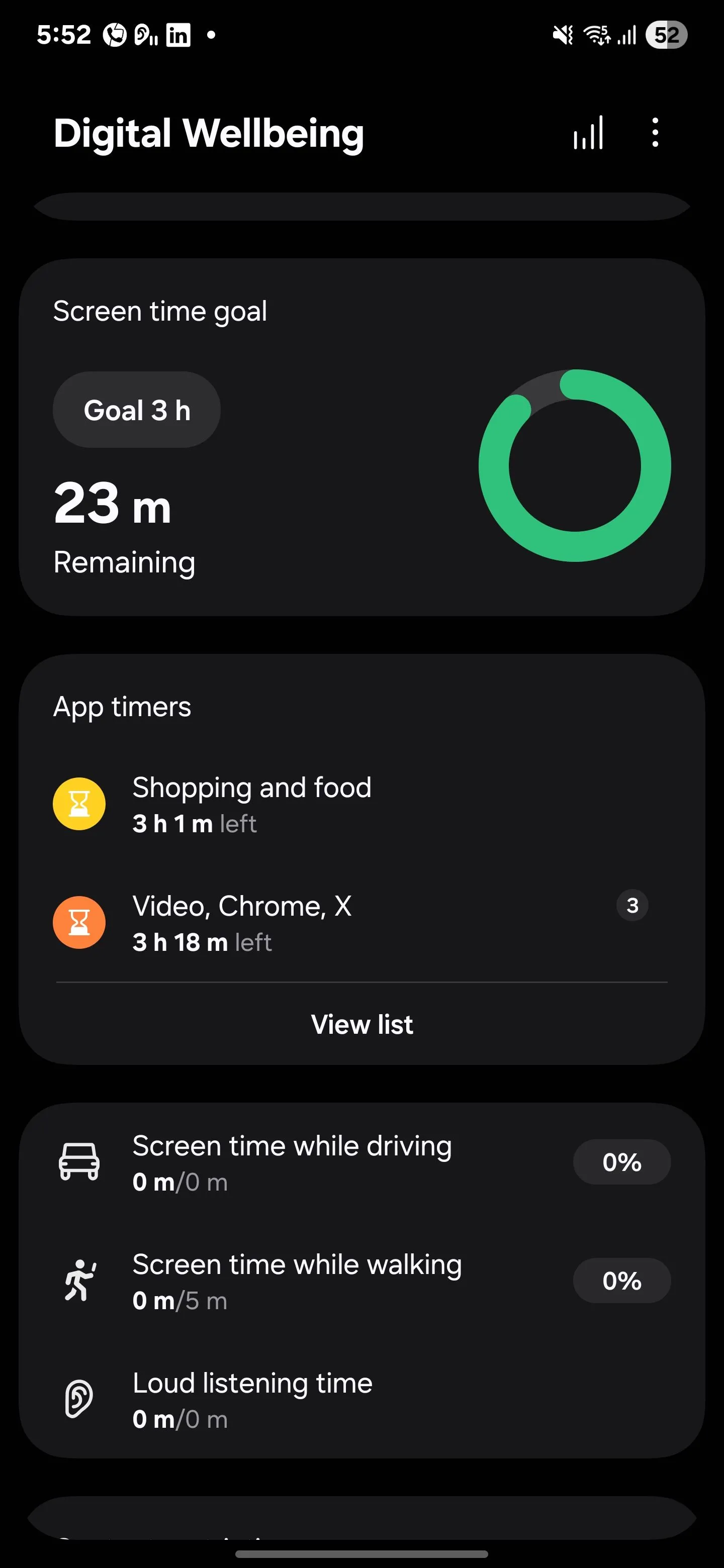 Màn hình cài đặt mục tiêu thời gian sử dụng màn hình hàng ngày trong Digital Wellbeing của Samsung, với vòng tròn tiến độ hiển thị mức độ đạt được mục tiêu, giúp người dùng theo dõi và điều chỉnh việc dùng điện thoại.