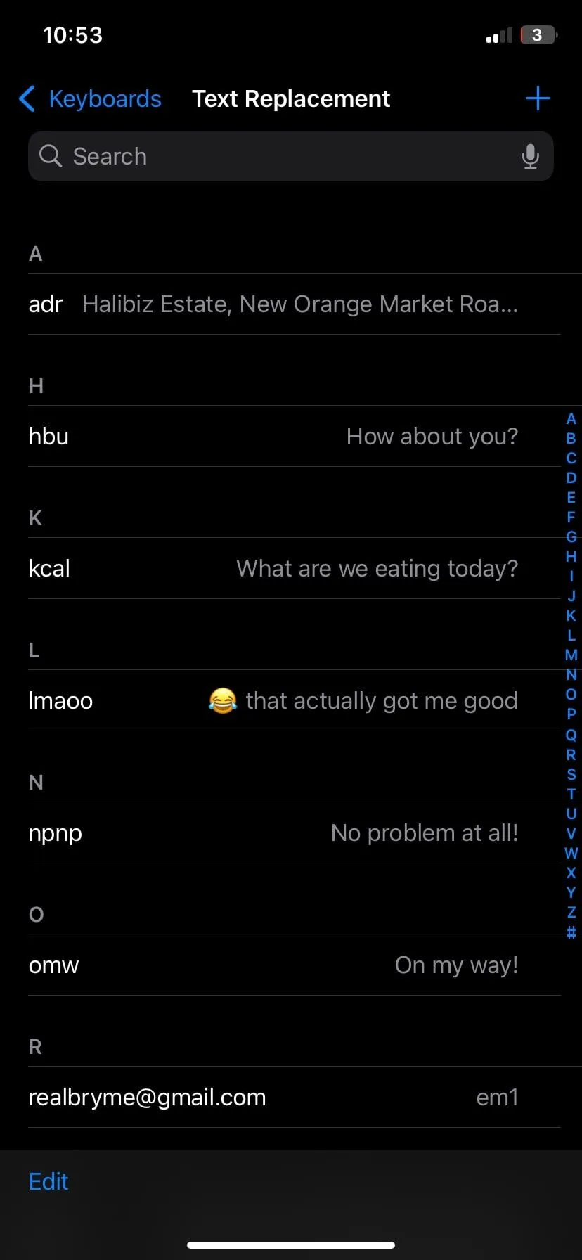 Màn hình cài đặt phím tắt Thay thế Văn bản trên iPhone