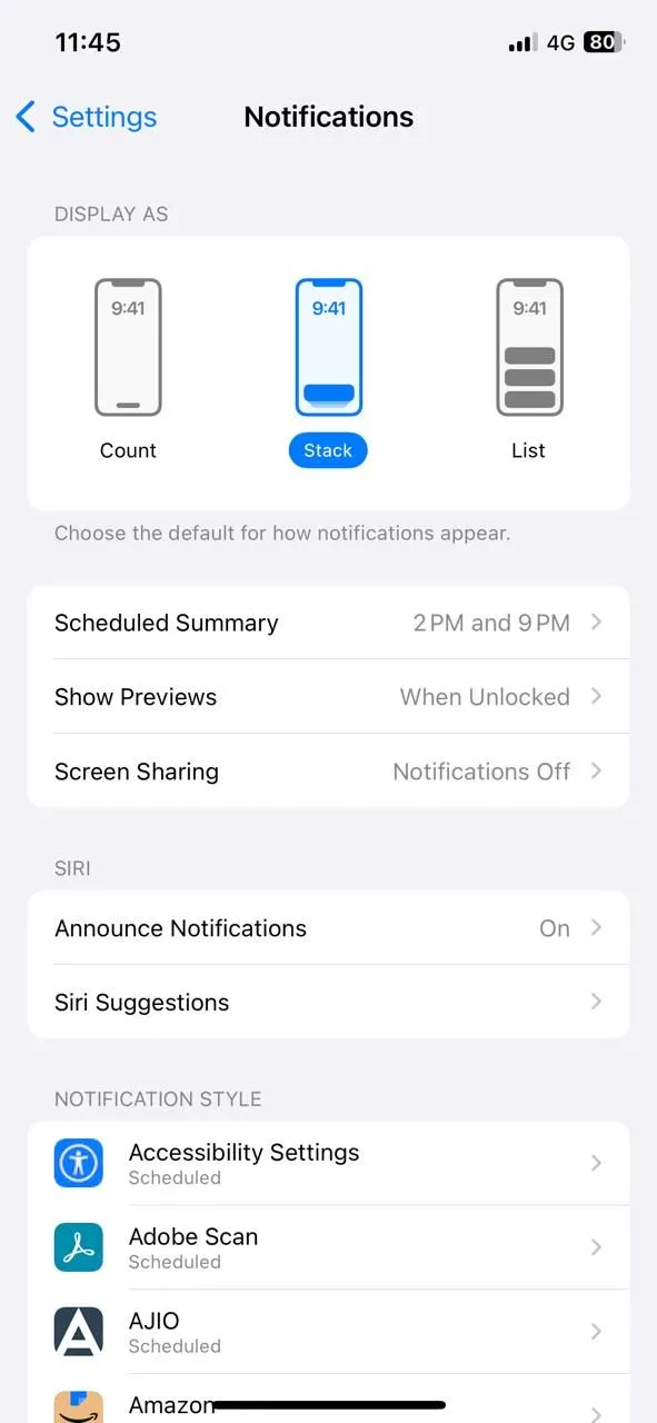 Màn hình cài đặt Thông báo trên iPhone, nơi người dùng có thể điều chỉnh cách hiển thị xem trước