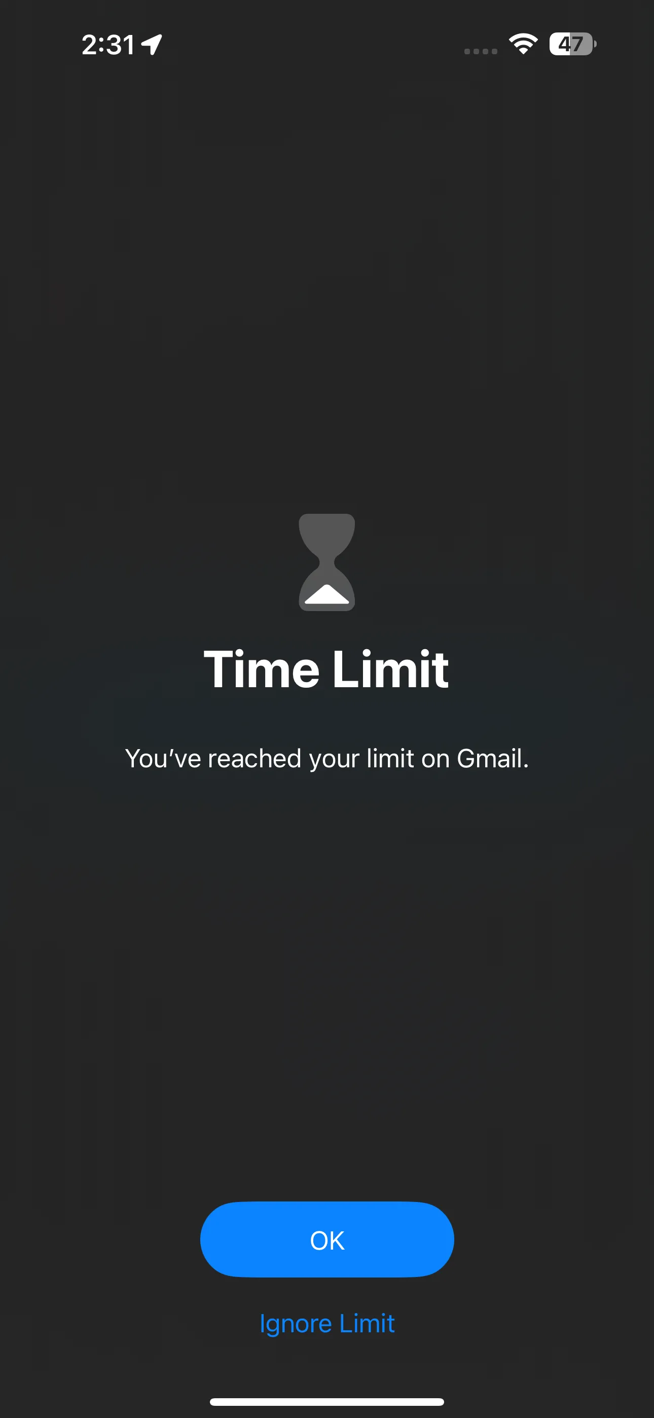 Màn hình cảnh báo &quot;Bạn đã đạt giới hạn&quot; cho ứng dụng Gmail trên iPhone, nhắc nhở người dùng về thời gian sử dụng
