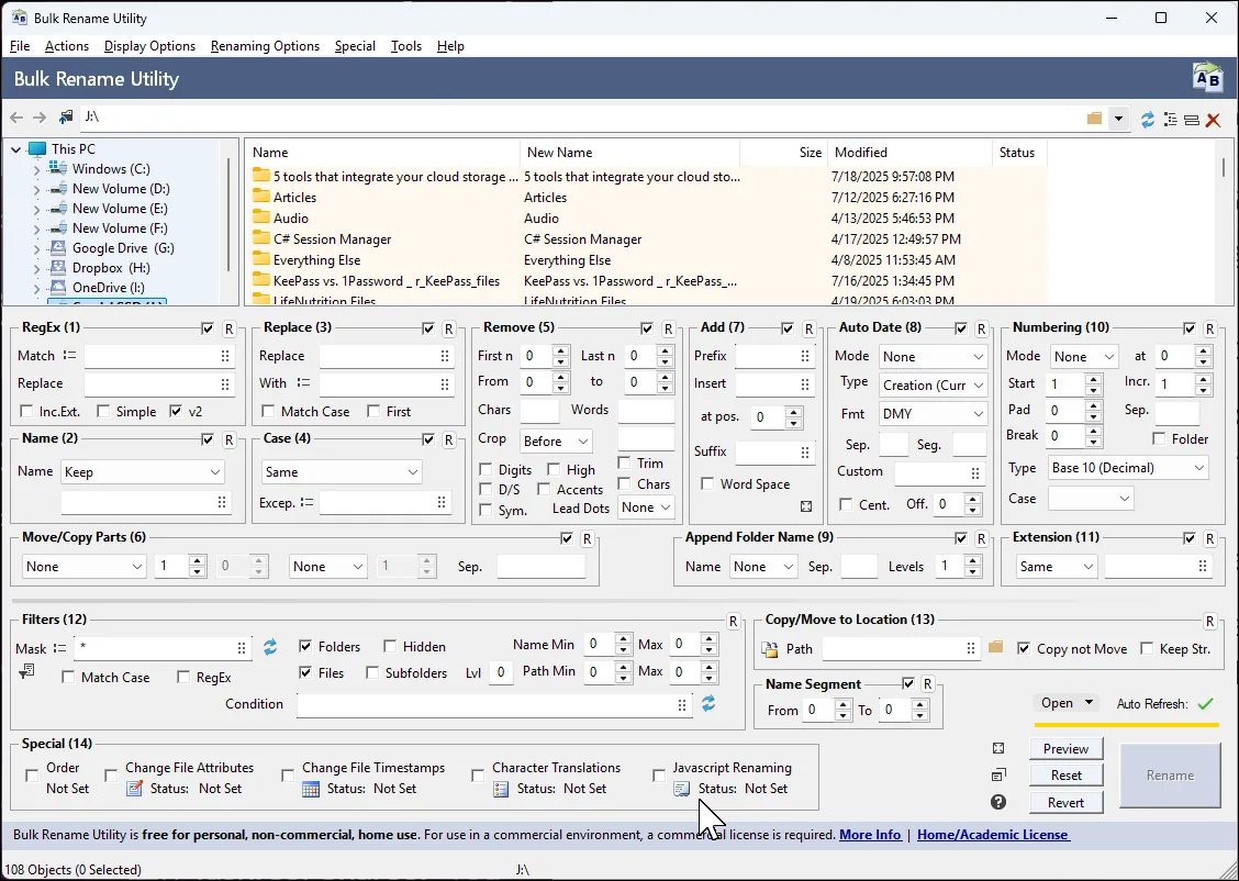 Màn hình chính của Bulk Rename Utility