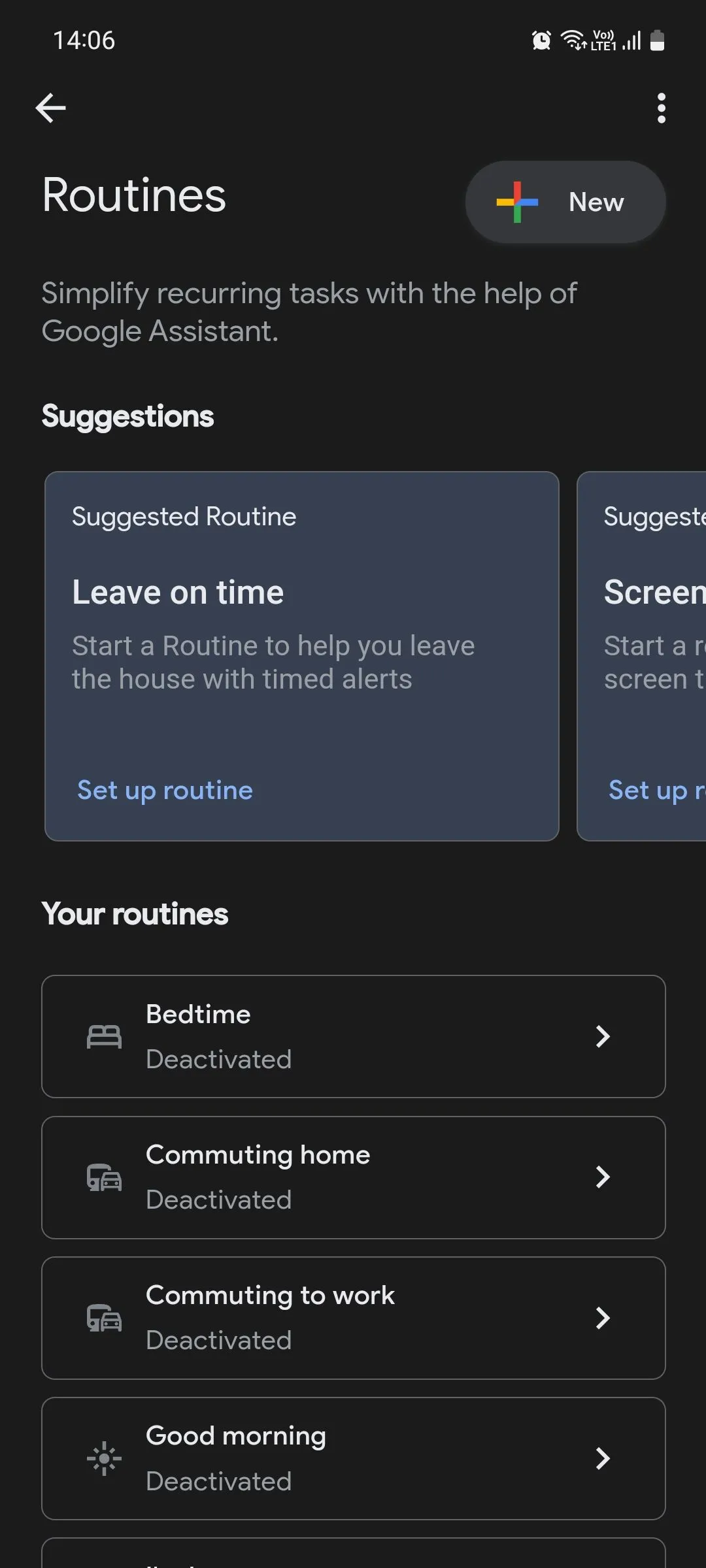 Màn hình chính của tính năng Google Assistant Routines trên điện thoại Android