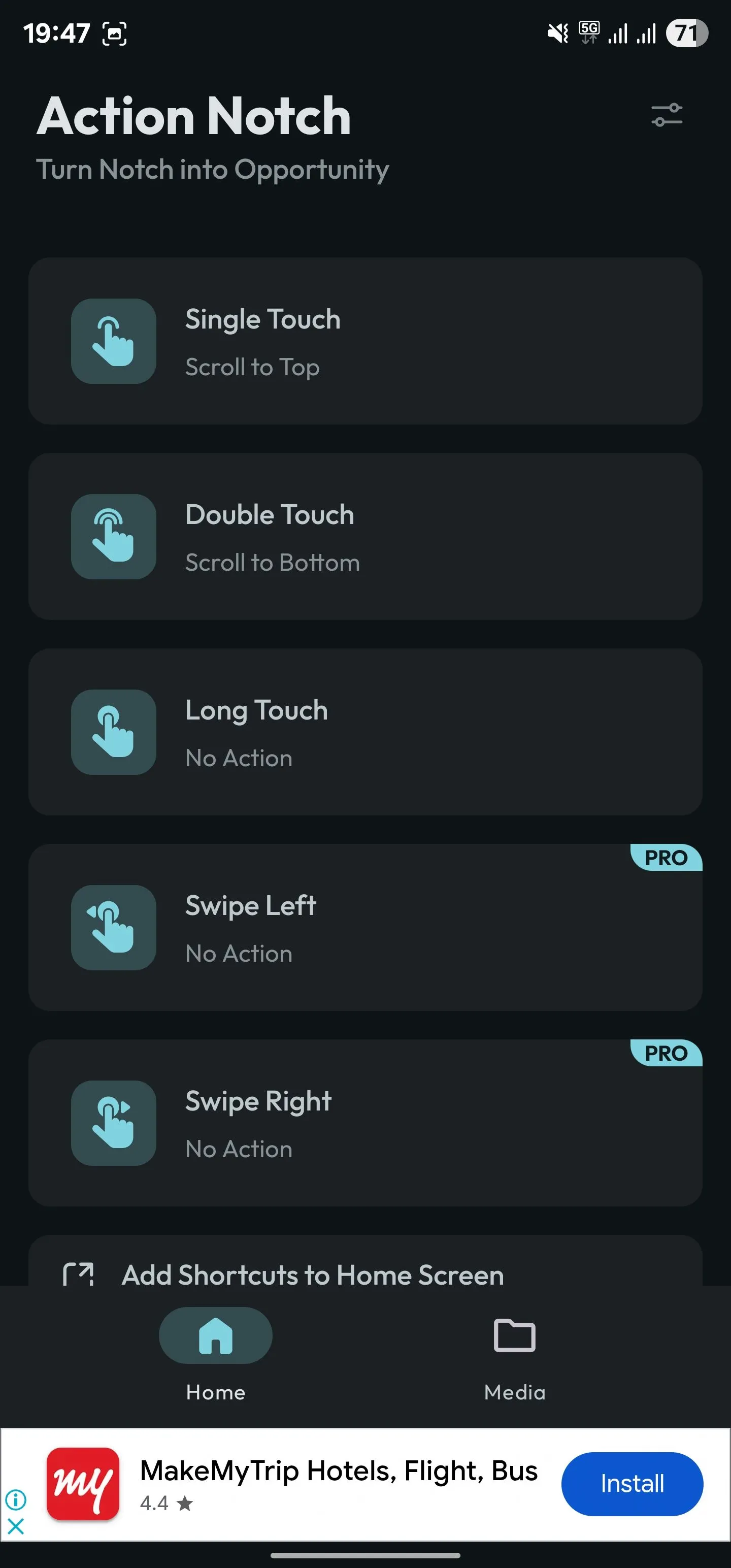 Màn hình chính của ứng dụng Action Notch