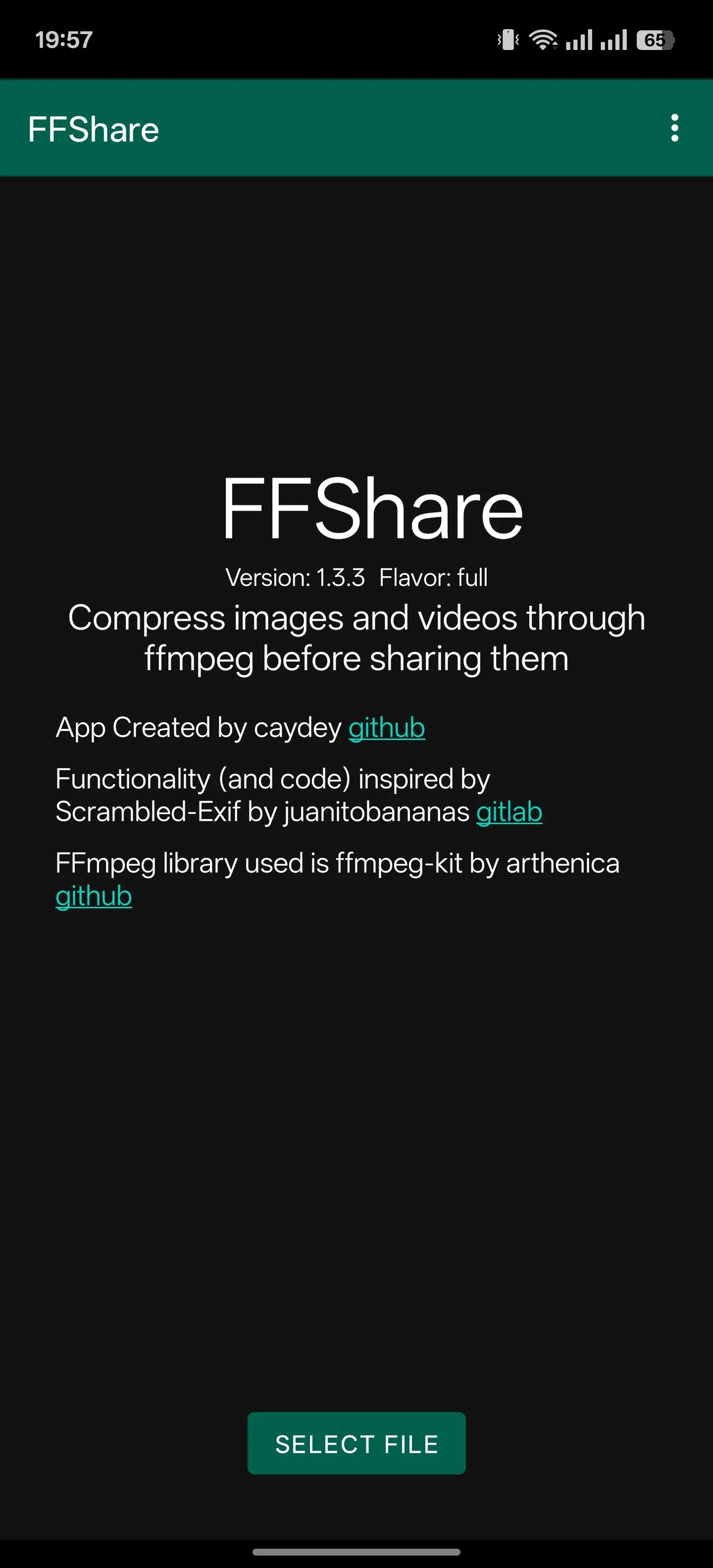 Màn hình chính của ứng dụng FFShare trên Android, hiển thị các tùy chọn để nén và chỉnh sửa file đa phương tiện.