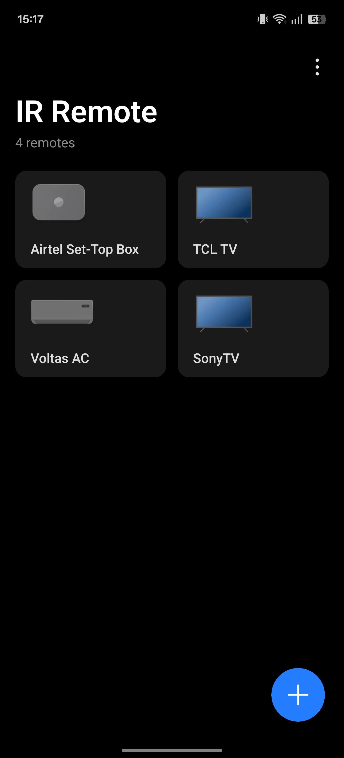 Màn hình chính của ứng dụng IR Remote, hiển thị tùy chọn thêm thiết bị mới