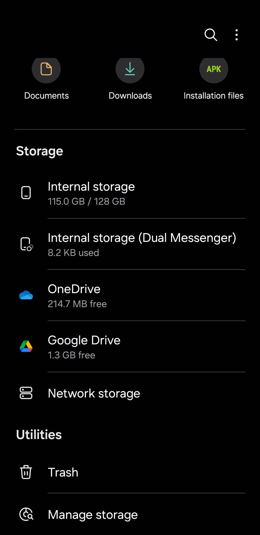 Màn hình chính của ứng dụng Tệp của Samsung (Samsung Files), hiển thị các thư mục và tùy chọn quản lý lưu trữ