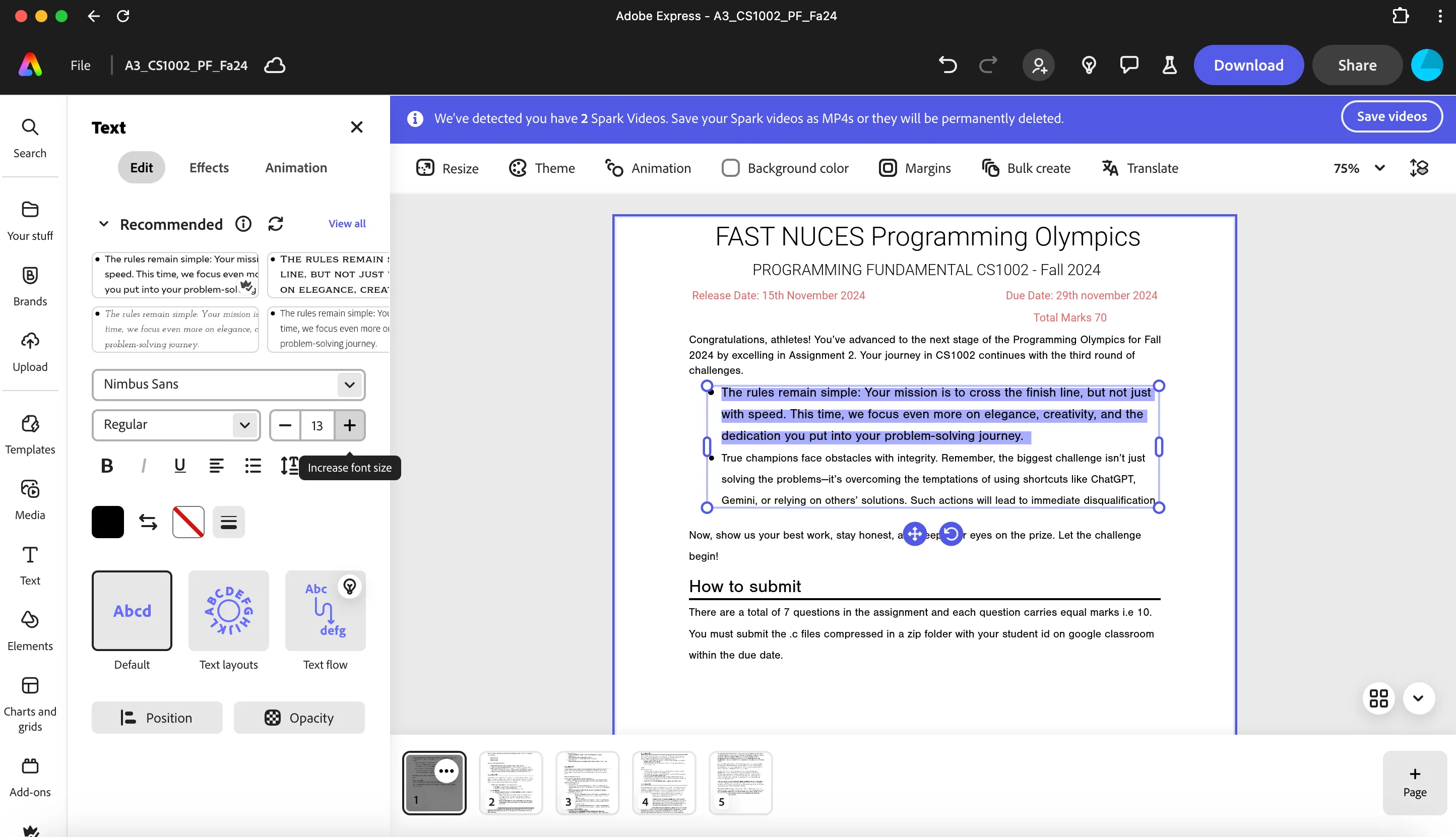 Màn hình chỉnh sửa tài liệu PDF trong Adobe Express, hiển thị khả năng điều chỉnh văn bản và hình ảnh