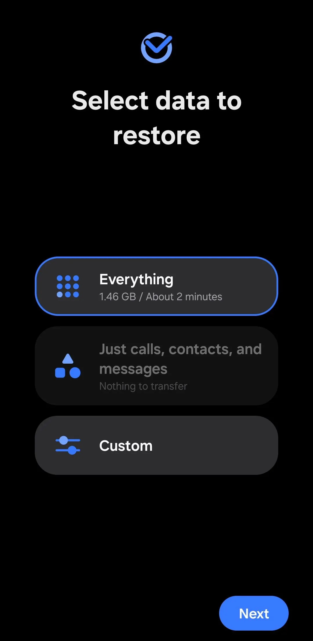 Màn hình chọn dữ liệu để khôi phục Thư mục Bảo mật trên điện thoại Samsung Galaxy