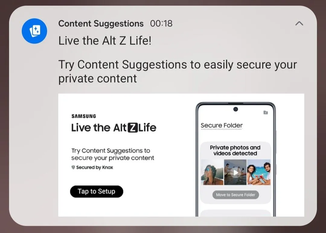 Màn hình Content Suggestions trên Samsung, hiển thị tùy chọn quét nội dung riêng tư cho Thư mục Bảo mật
