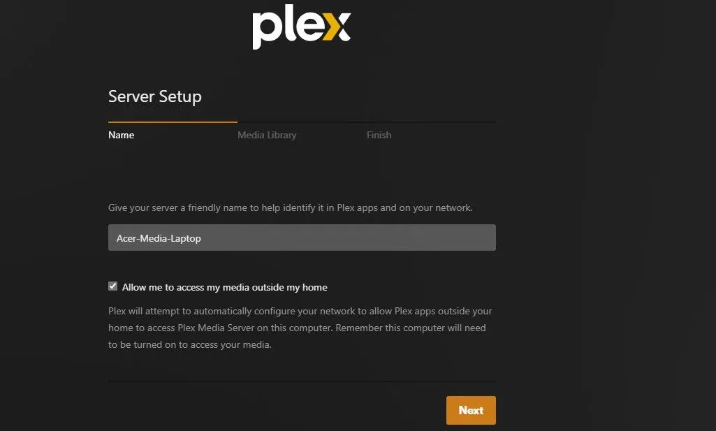 Màn hình đặt tên cho Plex Media Server của bạn trong quá trình thiết lập, khuyến nghị chọn tên dễ nhớ.
