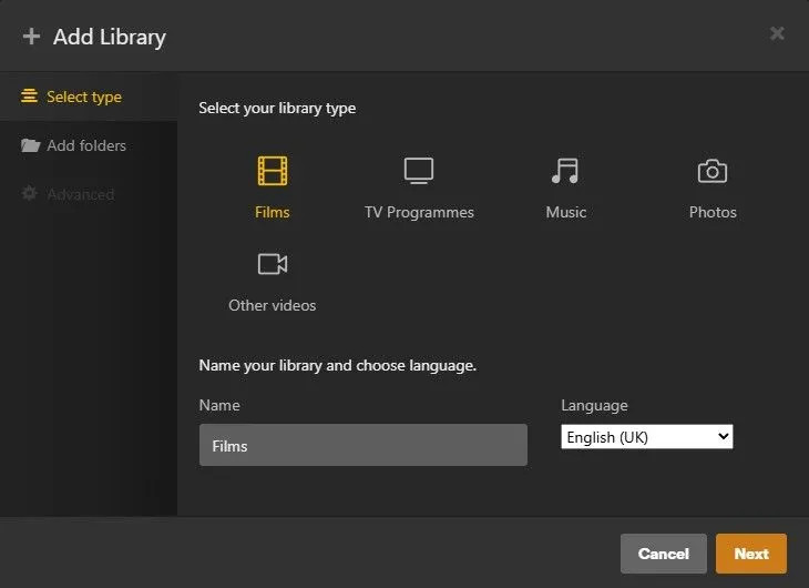 Màn hình đặt tên cho thư viện mới trong Plex Media Server, bước tiếp theo sau khi chọn loại thư viện.
