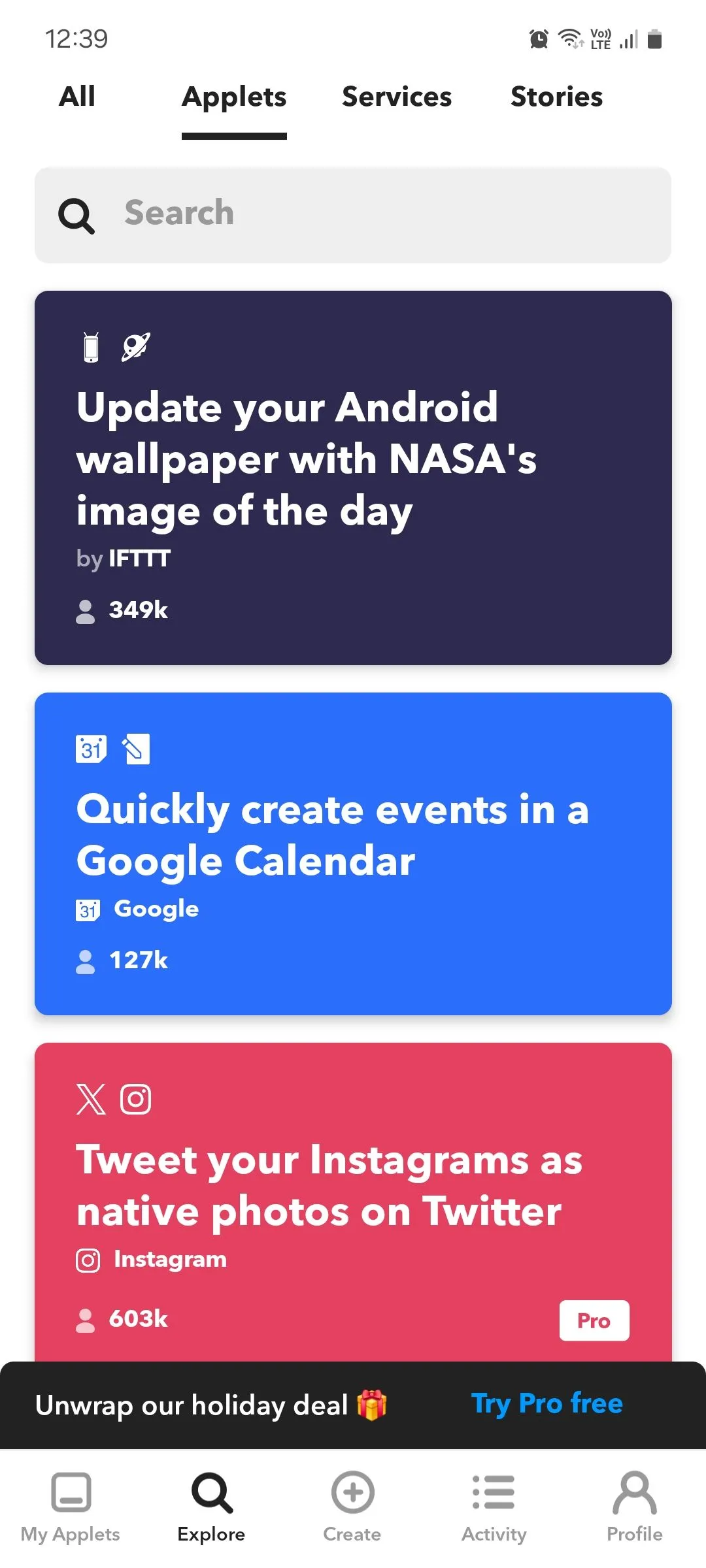 Màn hình gợi ý các applet tự động hóa trên ứng dụng IFTTT, giúp tự động hóa công việc và cuộc sống hàng ngày.