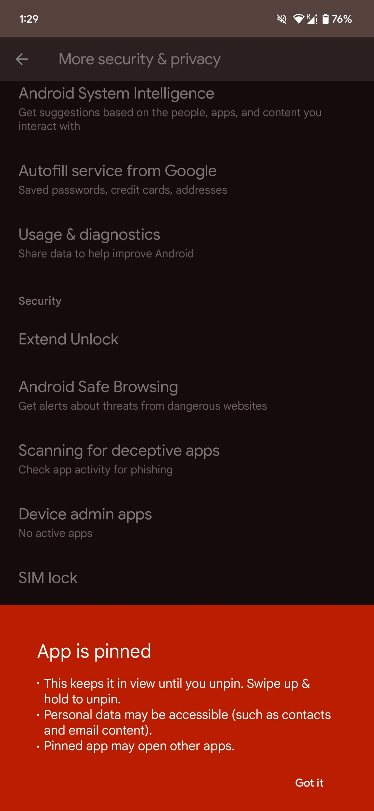 Màn hình hiển thị ứng dụng đã được ghim (App Pinning) để bảo mật quyền riêng tư trên Android