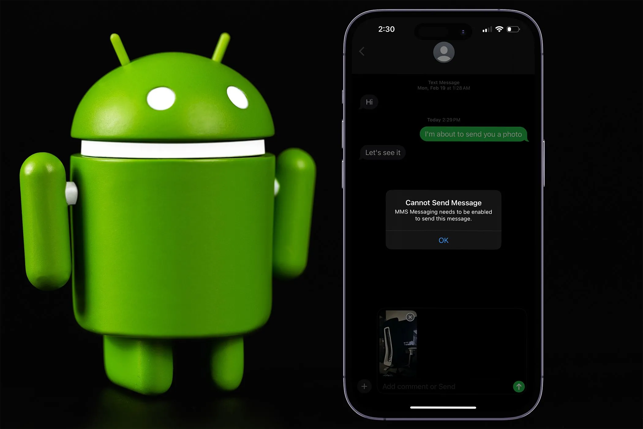 Màn hình iPhone hiển thị lỗi &quot;Cannot Send Message&quot; bên cạnh biểu tượng Android, tượng trưng cho khó khăn chuyển đổi nền tảng và mất lịch sử tin nhắn iMessage