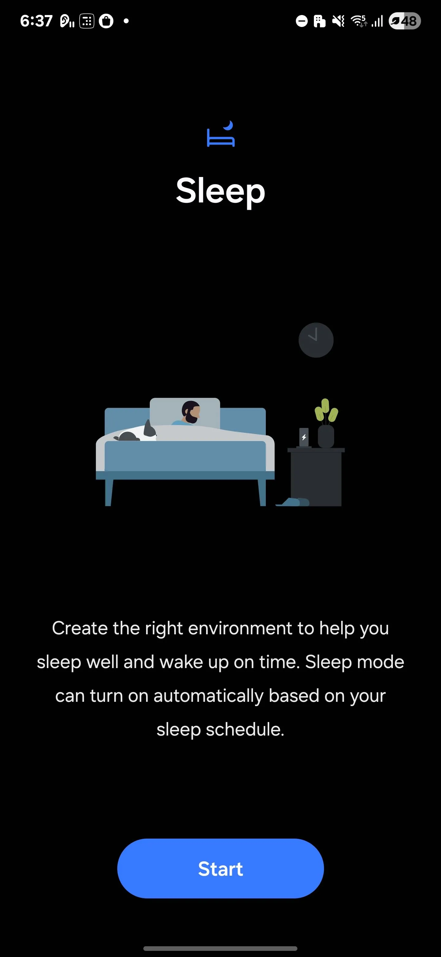 Màn hình kích hoạt Chế độ Giờ đi ngủ (Bedtime Mode) trên điện thoại Samsung, tự động chuyển màn hình sang thang độ xám và tắt thông báo vào ban đêm, hỗ trợ cải thiện giấc ngủ và sức khỏe số.