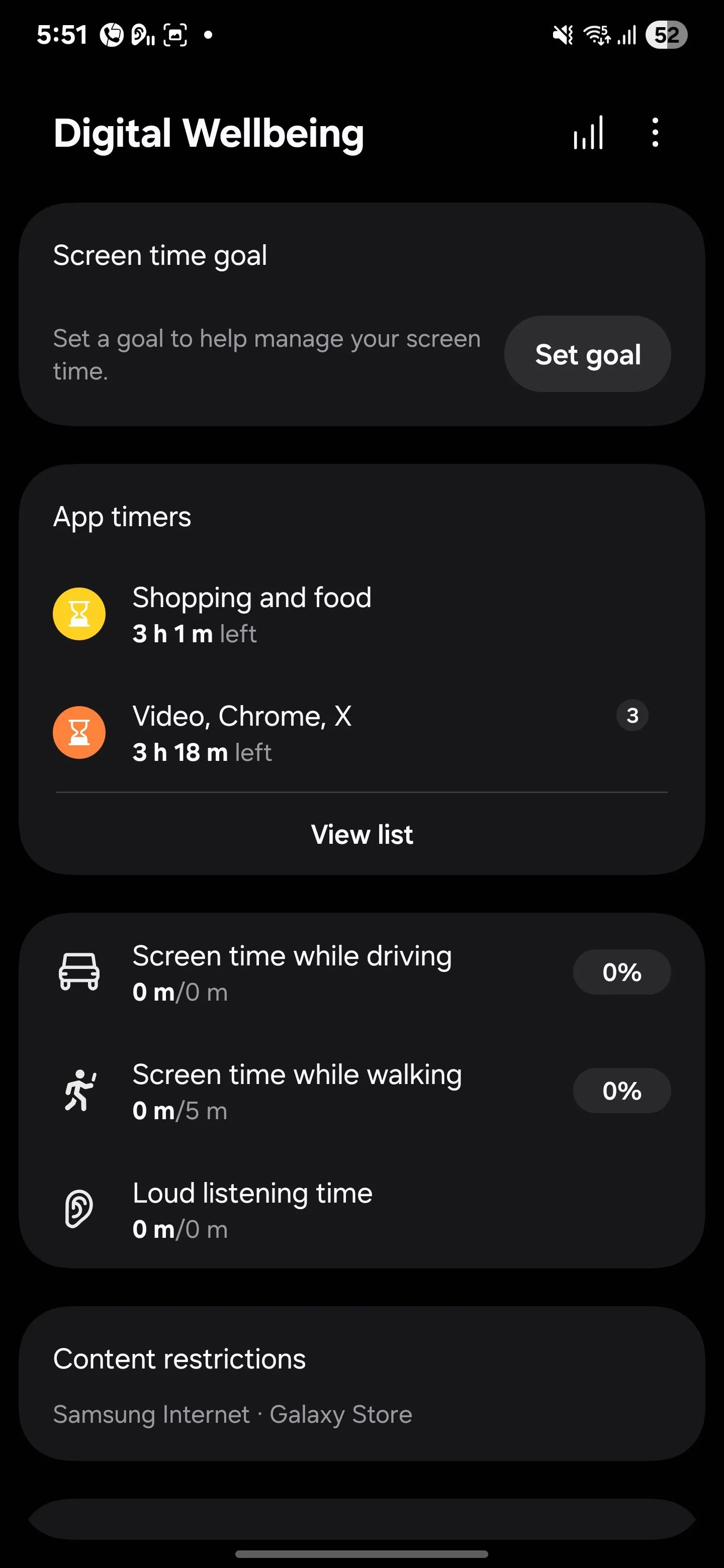 Màn hình quản lý các hẹn giờ ứng dụng (App Timers) trong Digital Wellbeing của Samsung, cho phép người dùng đặt giới hạn thời gian sử dụng cho từng ứng dụng cụ thể để kiểm soát thói quen sử dụng điện thoại.