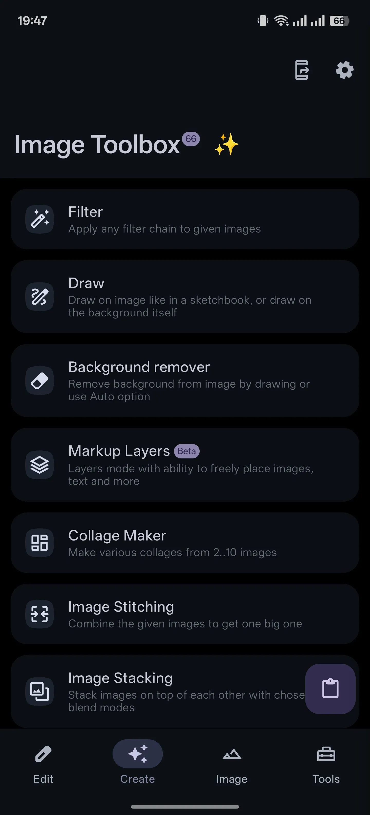 Màn hình tab &quot;Tạo&quot; trong ứng dụng Image Toolbox trên Android, hiển thị các công cụ xử lý ảnh và PDF.