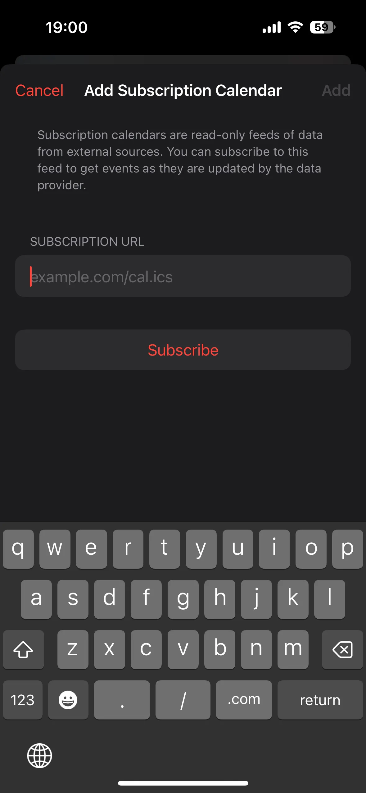Màn hình thêm lịch đăng ký (Subscription Calendar) trên iPhone, cho phép dán liên kết lịch .ics
