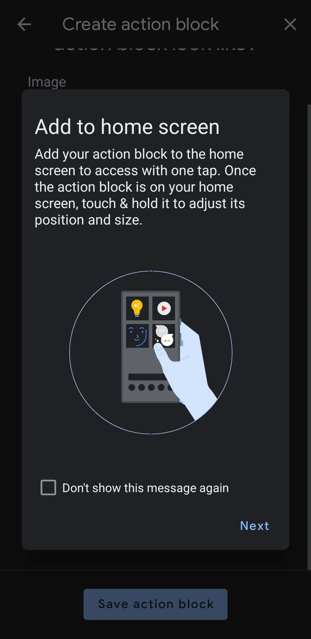 Màn hình thêm vào Màn hình chính trong ứng dụng Action Blocks trên điện thoại Android