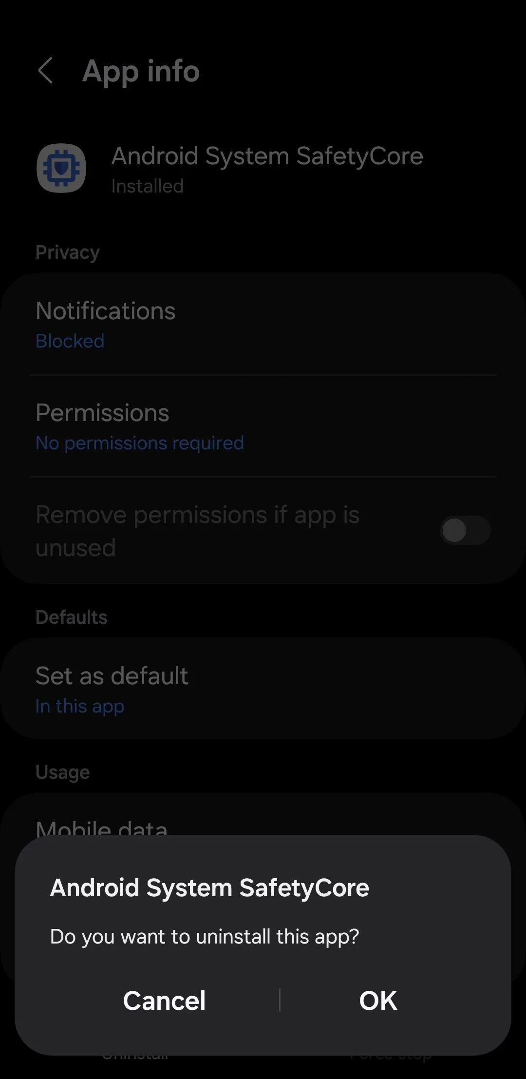 Màn hình thông tin ứng dụng Android System SafetyCore hiển thị tùy chọn gỡ cài đặt trên thiết bị Android.