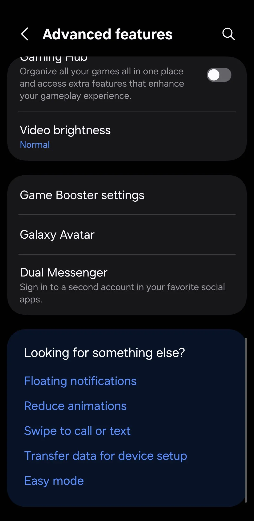 Màn hình tính năng nâng cao trên điện thoại Samsung, hiển thị tùy chọn Game Booster Settings