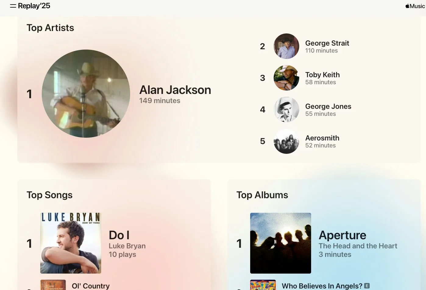 Màn hình trang chủ Apple Music hiển thị playlist &quot;Replay hàng tháng&quot;, tóm tắt các bài hát yêu thích.