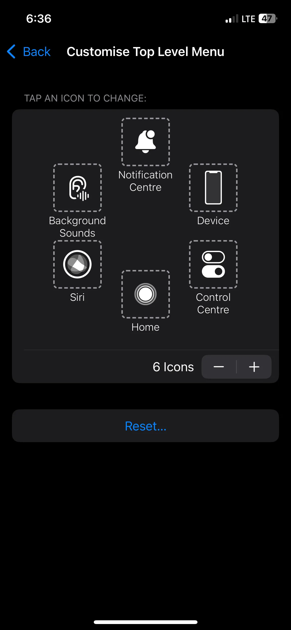 Màn hình tùy chỉnh menu AssistiveTouch (Nút Home ảo) trên iPhone