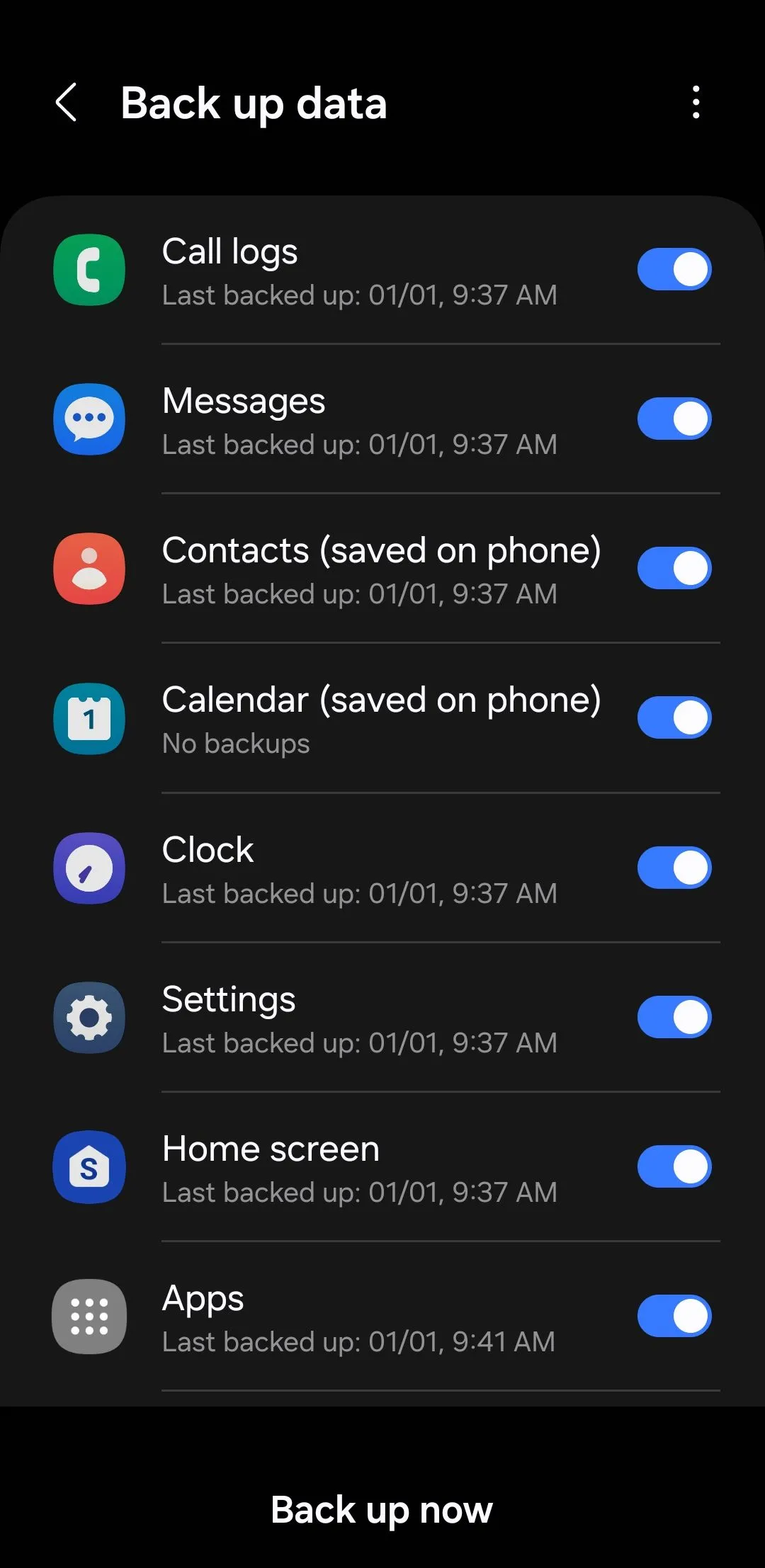 Màn hình tùy chọn sao lưu dữ liệu trên điện thoại Android