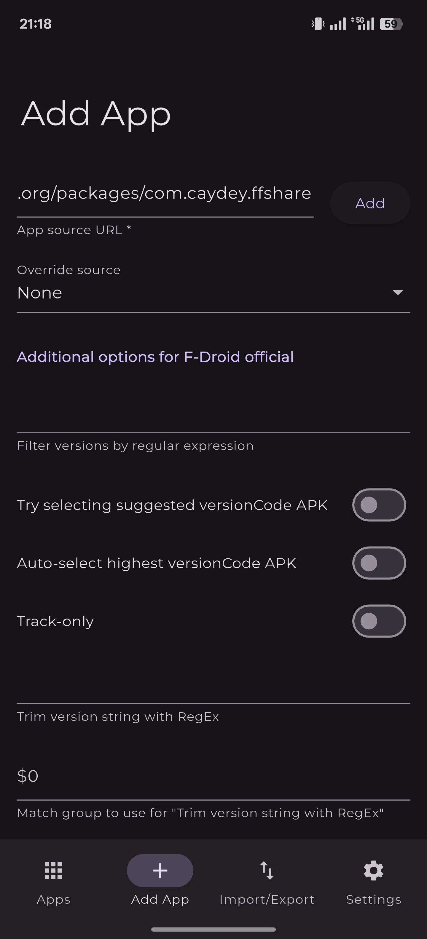 Màn hình ứng dụng Obtainium trên Android, hiển thị quá trình thêm một ứng dụng từ kho F-Droid để quản lý cập nhật tự động.
